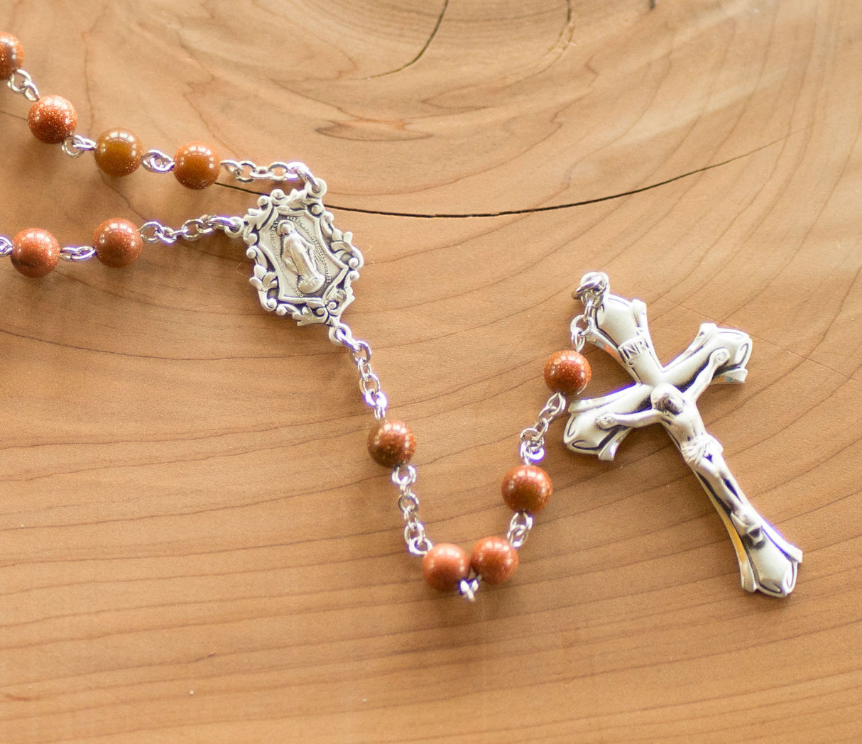 6mm Genuine Gold Stone Bead Rosary in Sterling Silver