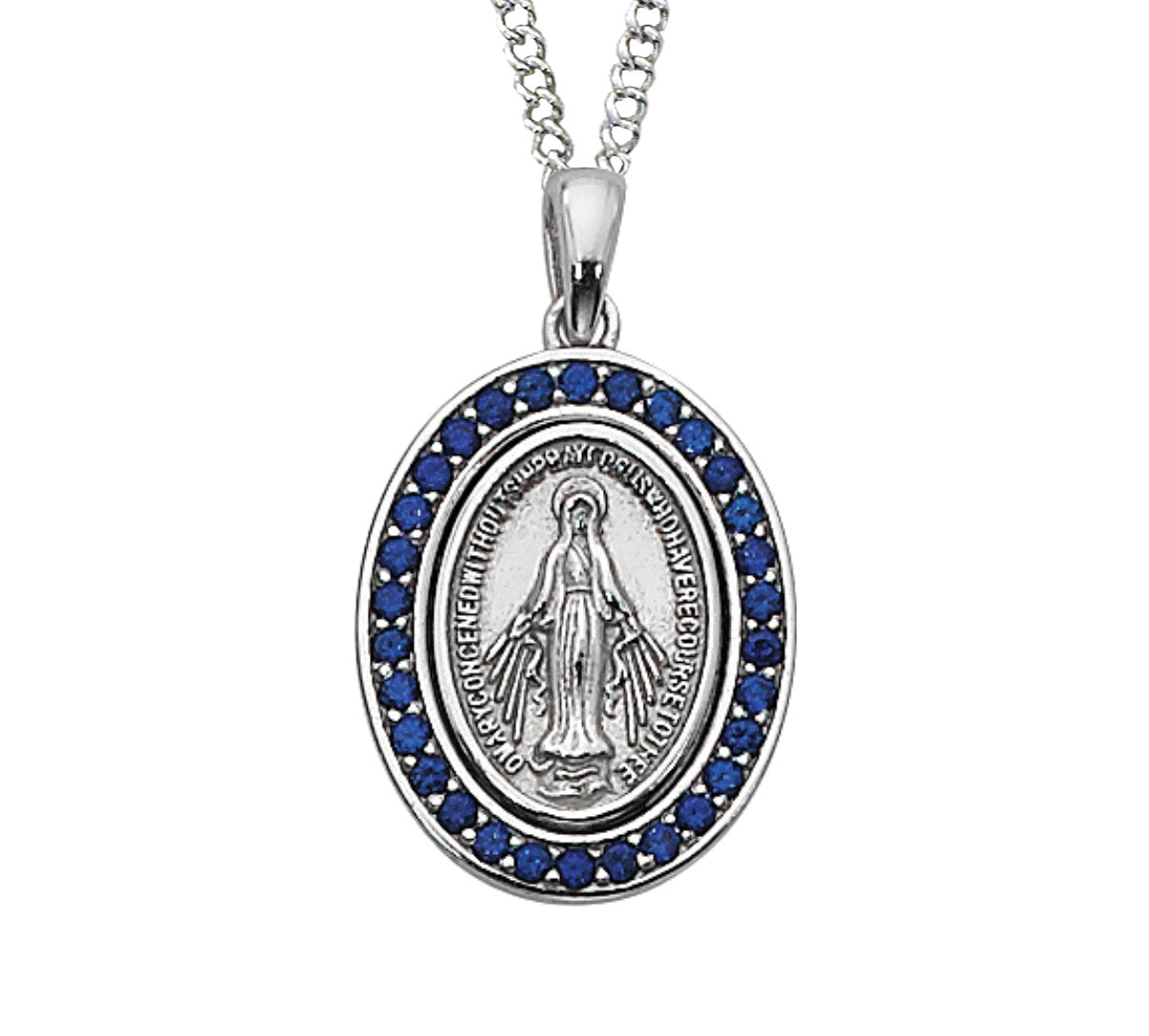 Oval Blue Stone Miraculous Medal with Chain for Women