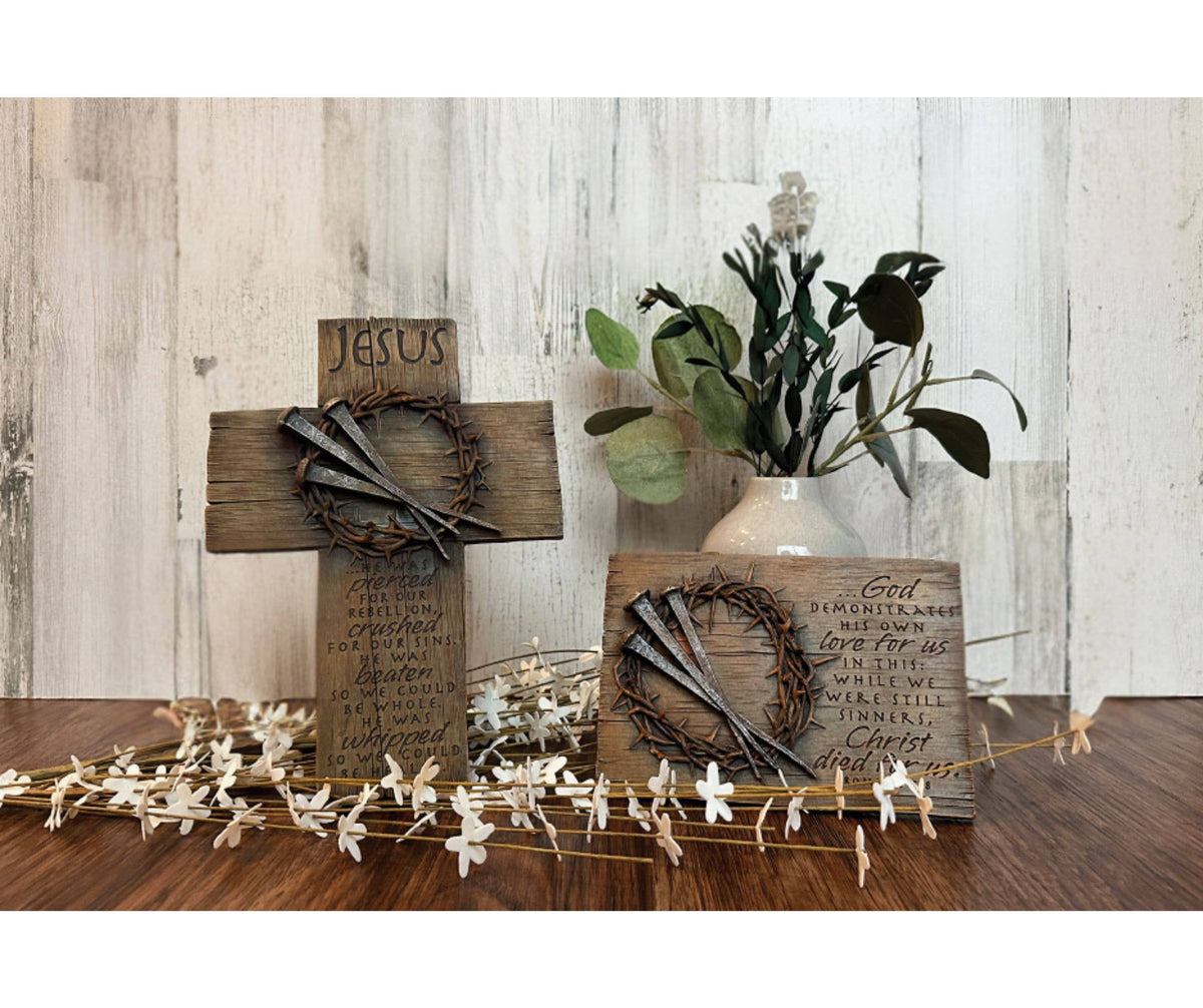 Nails and Crown of Thorns Wall Cross, Cast Stone