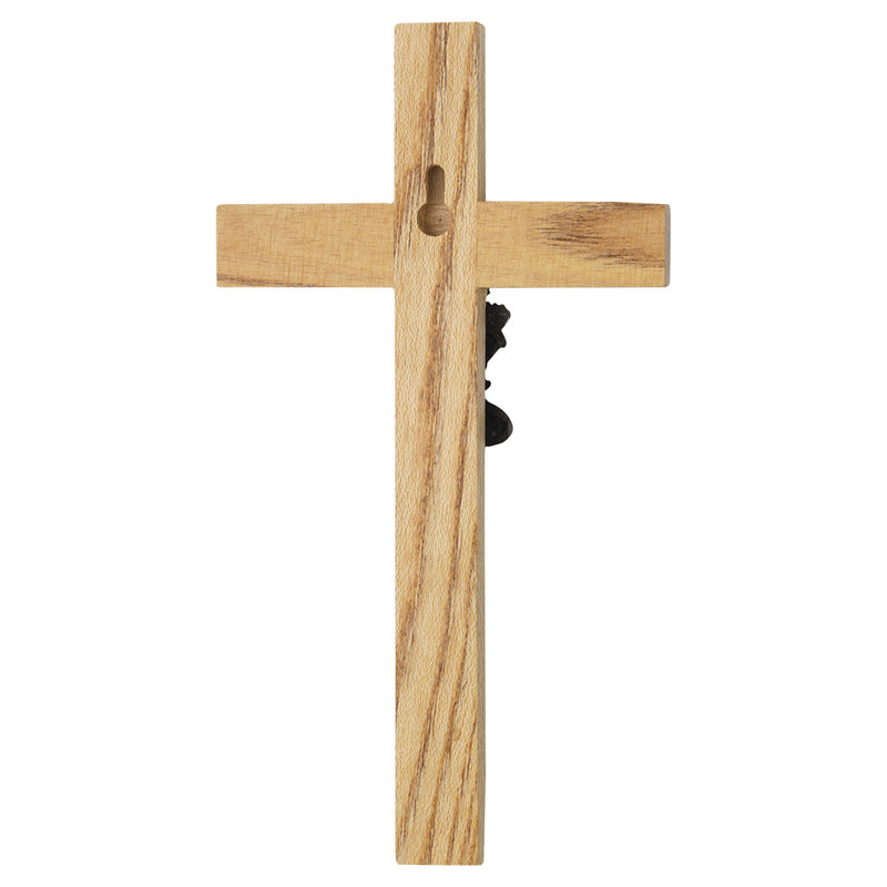 Praying Boy Baby Cross Blue Enamel Oak Wood 8 x 4.25 Inch