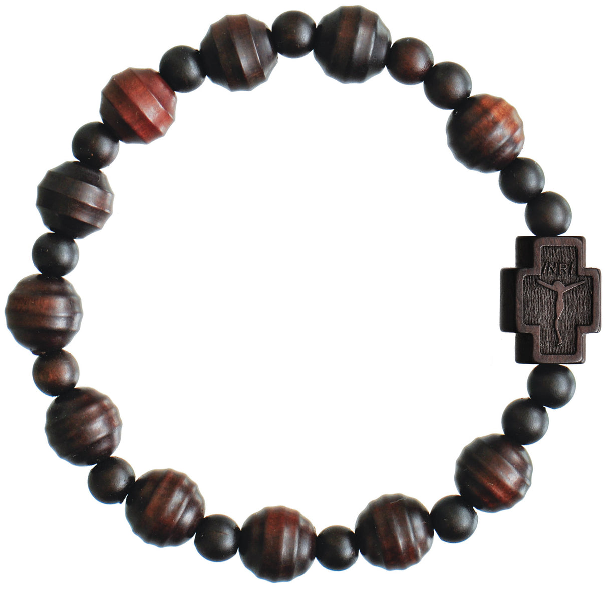 Jujube Wood Striped Cut Bead Rosary Bracelet - 10mm