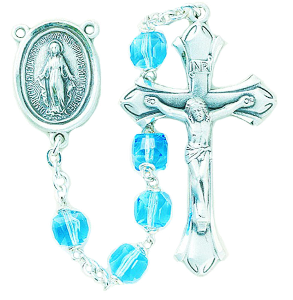 8mm Tin Cut Light Sapphire Cube Crystal Bead Rosary in Sterling Silver