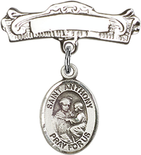 St. Anthony of Padua Charm and Arched Polished Engravable Badge Pin