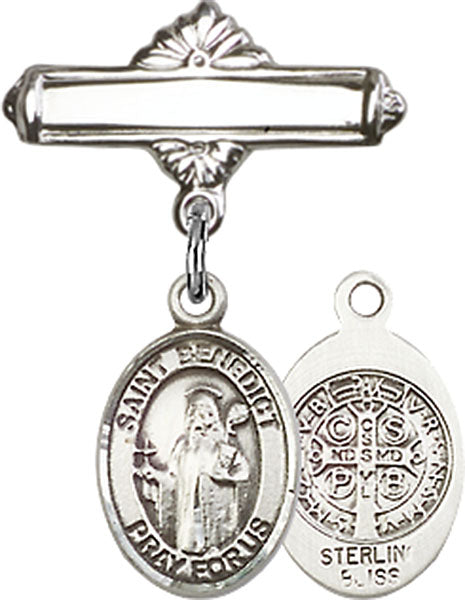 St. Benedict Charm and Polished Engravable Badge Pin