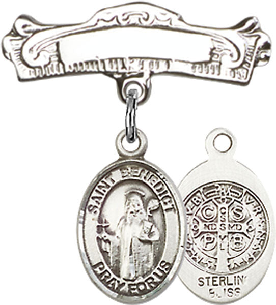 St. Benedict Charm and Arched Polished Engravable Badge Pin
