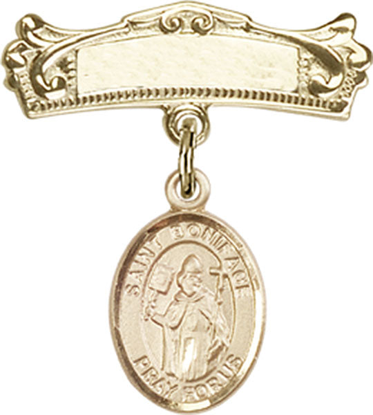 St. Boniface Charm and Arched Polished Engravable Badge Pin