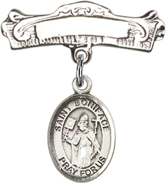 St. Boniface Charm and Arched Polished Engravable Badge Pin