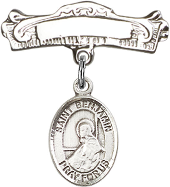 St. Benjamin Charm and Arched Polished Engravable Badge Pin