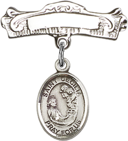 St. Cecilia Charm and Arched Polished Engravable Badge Pin
