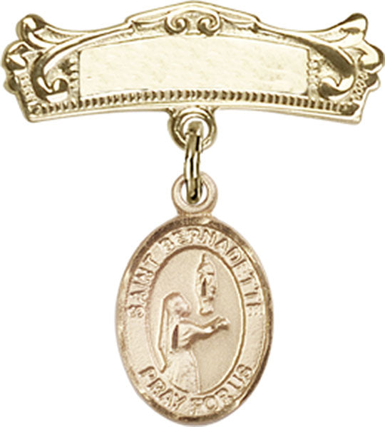 St. Bernadette Charm and Arched Polished Engravable Badge Pin