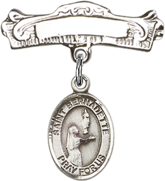St. Bernadette Charm and Arched Polished Engravable Badge Pin