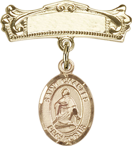 St. Charles Borromeo Charm and Arched Polished Engravable Badge Pin