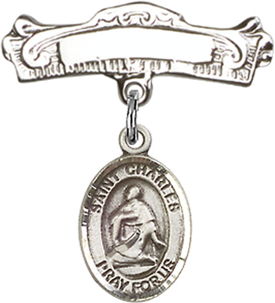 St. Charles Borromeo Charm and Arched Polished Engravable Badge Pin