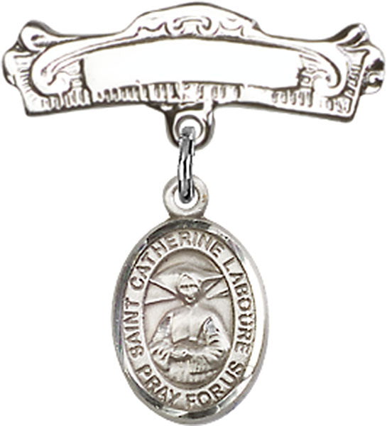 St. Catherine Laboure Charm and Arched Polished Engravable Badge Pin