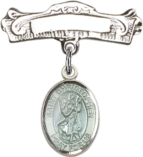 St. Christopher Charm and Arched Polished Engravable Badge Pin
