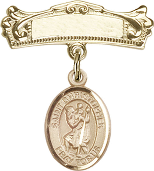 St. Christopher Charm and Arched Polished Engravable Badge Pin