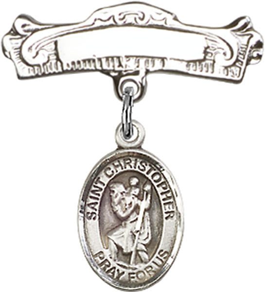 St. Christopher Charm and Arched Polished Engravable Badge Pin