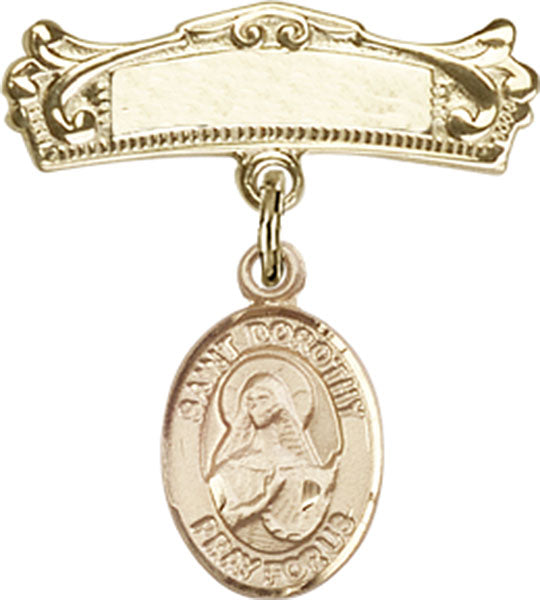 St. Dorothy Charm and Arched Polished Engravable Badge Pin