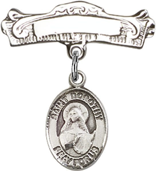 St. Dorothy Charm and Arched Polished Engravable Badge Pin