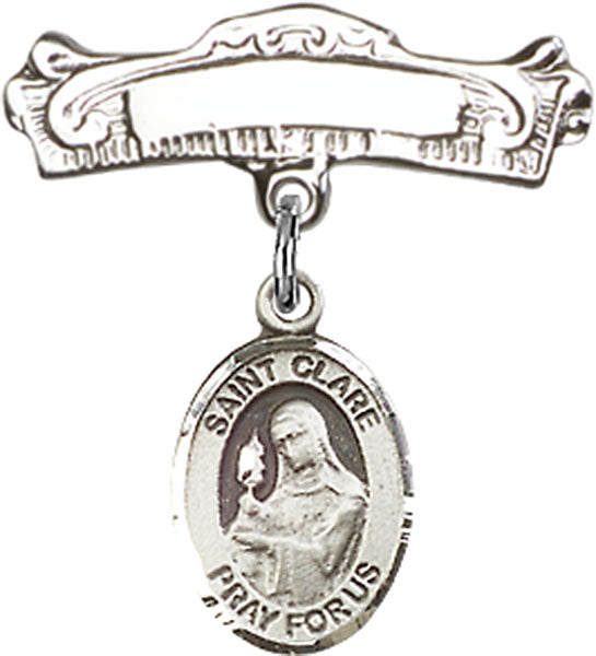 St. Clare of Assisi Charm and Arched Polished Engravable Badge Pin