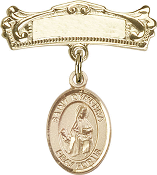 St. Dymphna Charm and Arched Polished Engravable Badge Pin