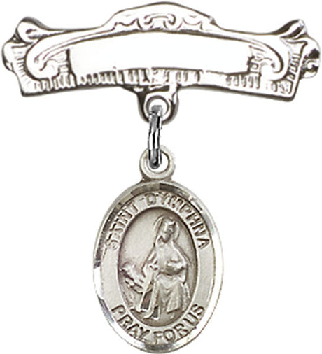 St. Dymphna Charm and Arched Polished Engravable Badge Pin