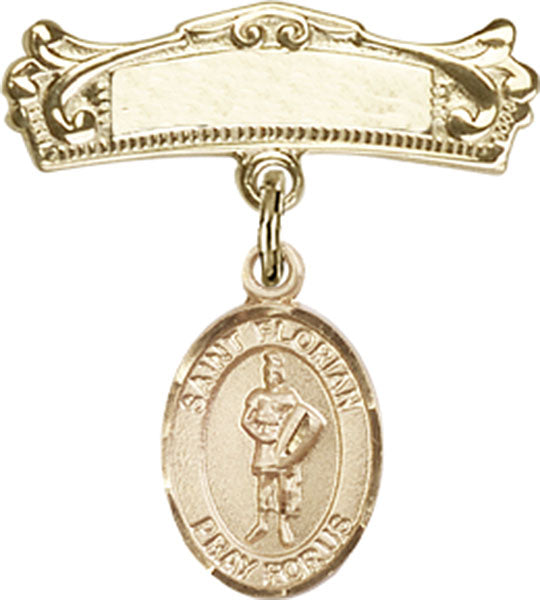 St. Florian Charm and Arched Polished Engravable Badge Pin
