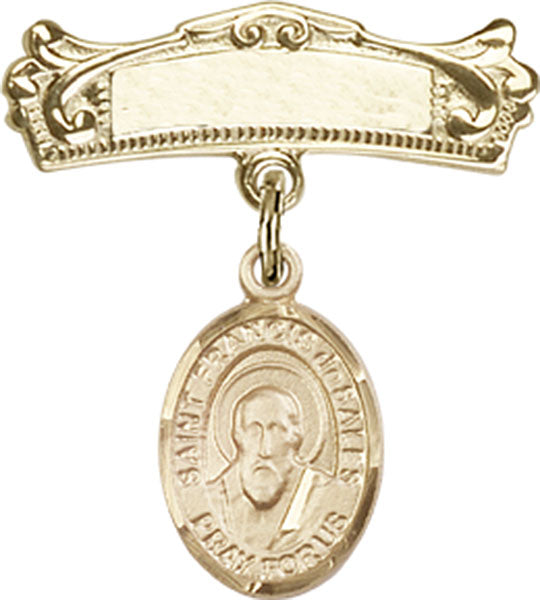 St. Francis de Sales Charm and Arched Polished Engravable Badge Pin