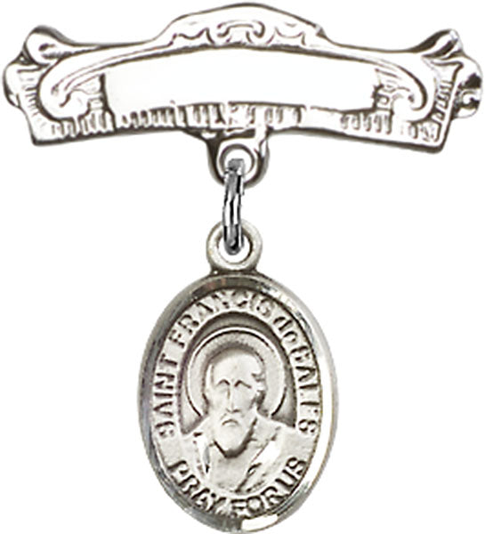 St. Francis de Sales Charm and Arched Polished Engravable Badge Pin
