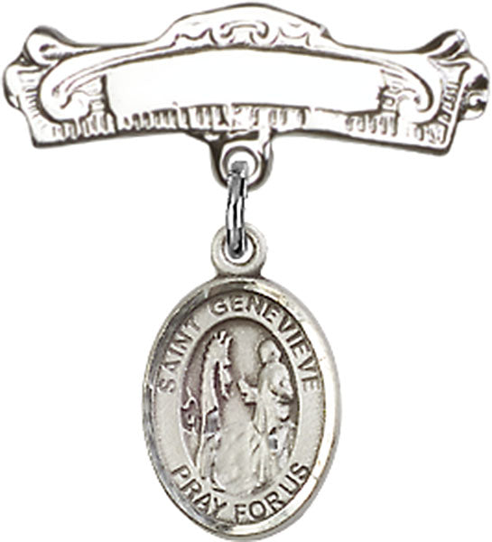 St. Genevieve Charm and Arched Polished Engravable Badge Pin