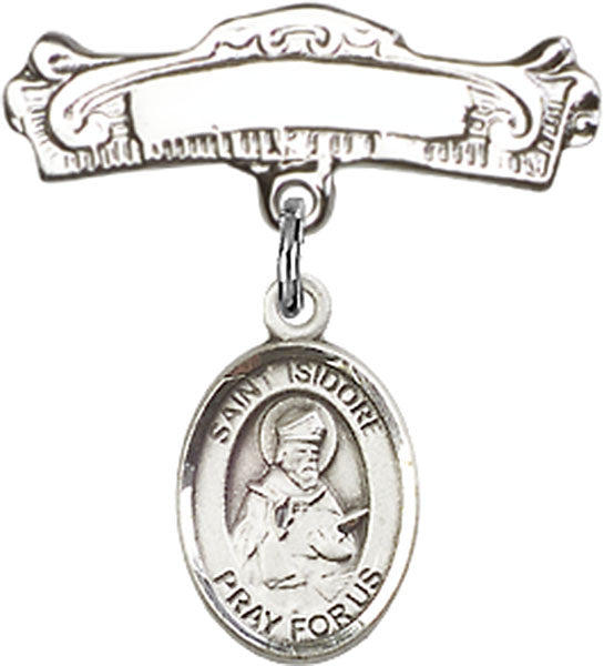 St. Isidore of Seville Charm and Arched Polished Engravable Badge Pin