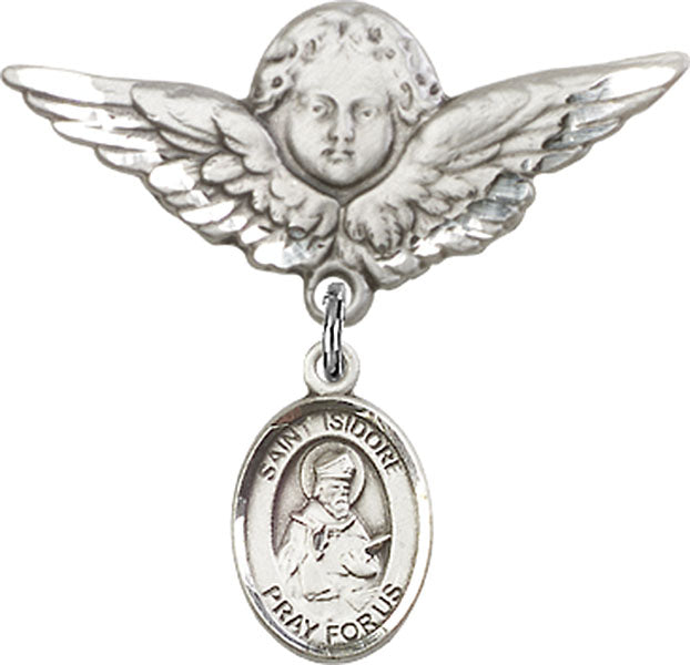 St. Isidore of Seville Charm and Angel with Larger Wings Badge Pin