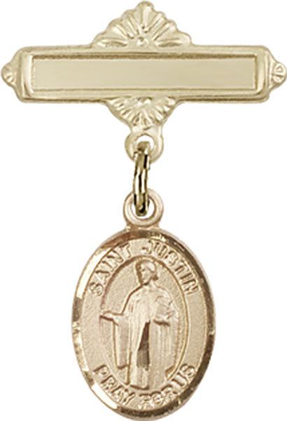 St. Justin Charm and Polished Engravable Badge Pin