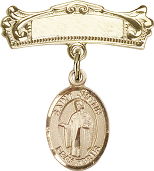 St. Justin Charm and Arched Polished Engravable Badge Pin