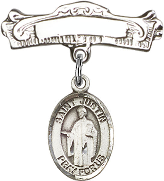 St. Justin Charm and Arched Polished Engravable Badge Pin
