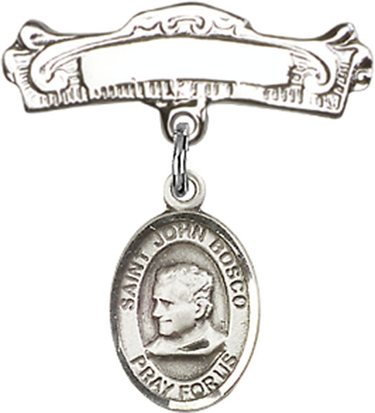 St. John Bosco Charm and Arched Polished Engravable Badge Pin