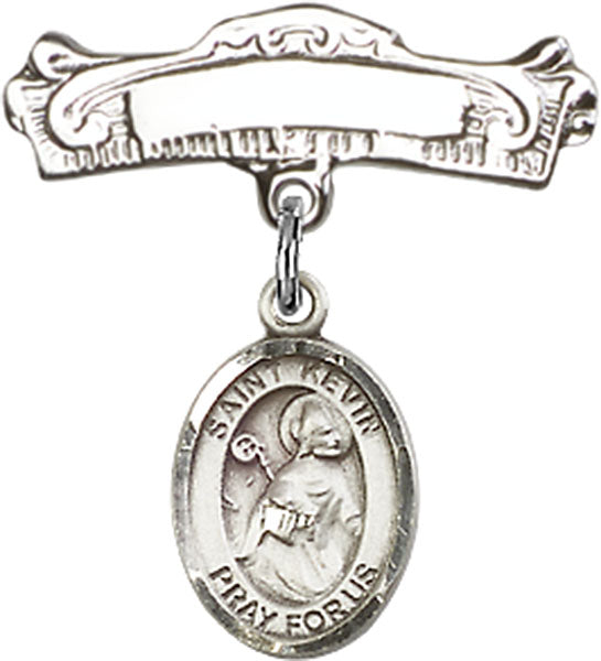 St. Kevin Charm and Arched Polished Engravable Badge Pin