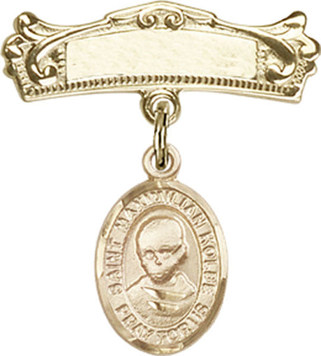 St. Maximilian Kolbe Charm and Arched Polished Engravable Badge Pin