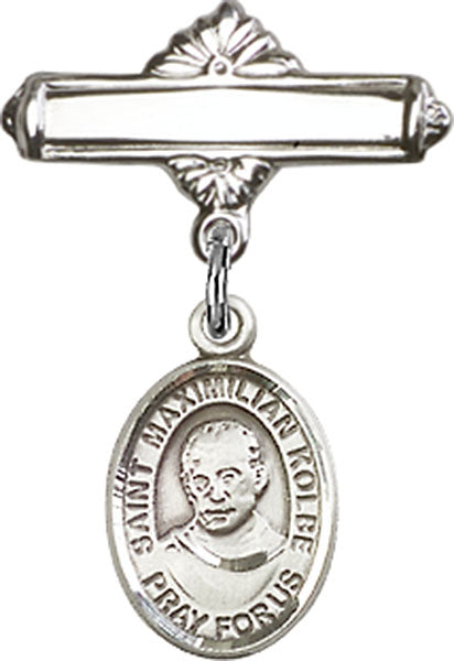 St. Maximilian Kolbe Charm and Polished Engravable Badge Pin