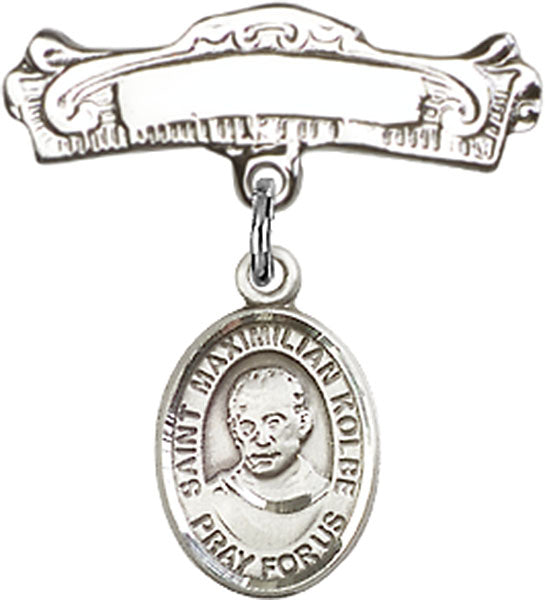 St. Maximilian Kolbe Charm and Arched Polished Engravable Badge Pin
