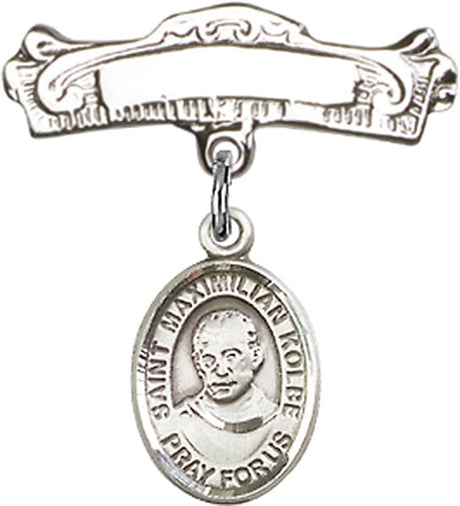 St. Maximilian Kolbe Charm and Arched Polished Engravable Badge Pin