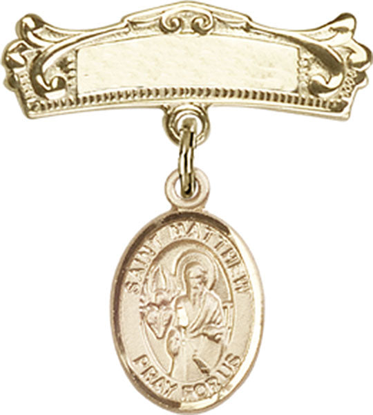St. Matthew the Apostle Charm and Arched Polished Engravable Badge Pin