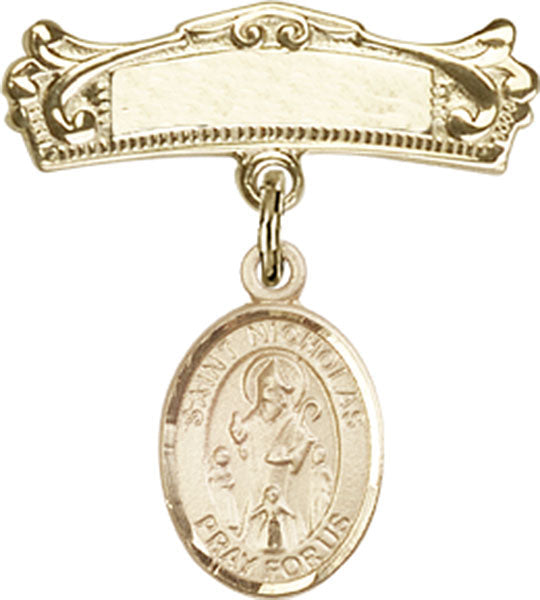 St. Nicholas Charm and Arched Polished Engravable Badge Pin