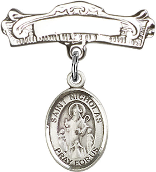 St. Nicholas Charm and Arched Polished Engravable Badge Pin