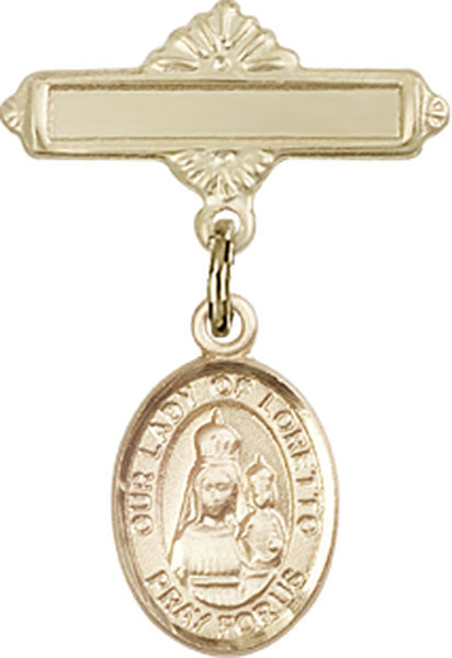 Our Lady of Loretto Charm and Polished Engravable Badge Pin