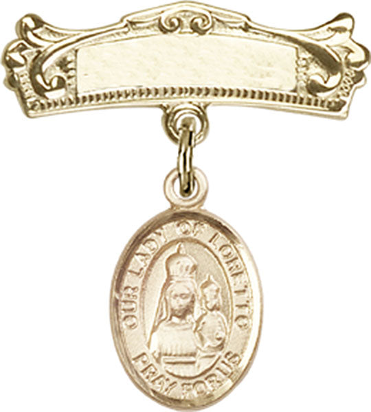 Our Lady of Loretto Charm and Arched Polished Engravable Badge Pin