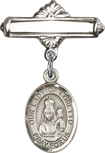 Our Lady of Loretto Charm and Polished Engravable Badge Pin