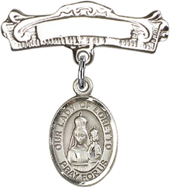 Our Lady of Loretto Charm and Arched Polished Engravable Badge Pin