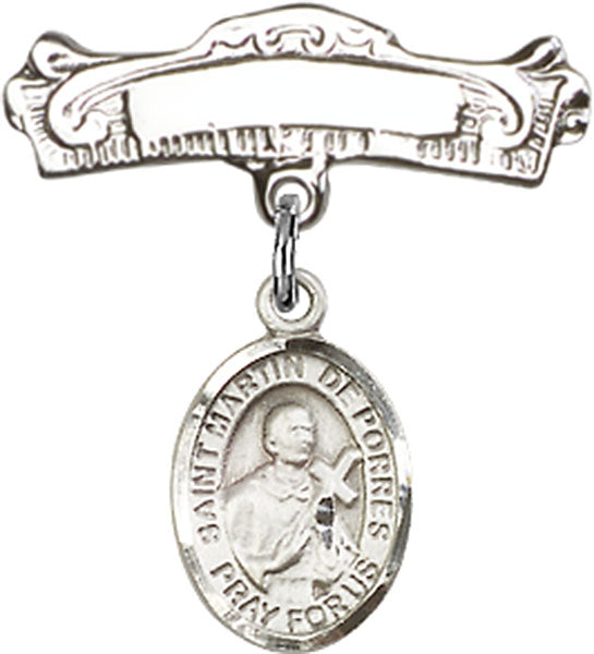 St. Martin de Porres Charm and Arched Polished Engravable Badge Pin