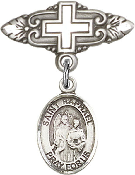 St. Raphael the Archangel Charm and Badge Pin with Cross